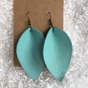 Aqua leather leaf fishhook earrings
